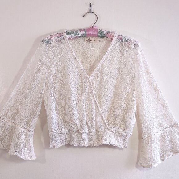 Hollister Lace & Crochet Boho Crop Top Bell Sleeves Festival Fairy Coquette Sz L - Picture 3 of 15
